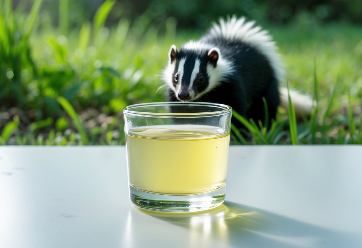 A small glass container filled with pale yellow liquid on a white surface with a skunk in the background outdoors.