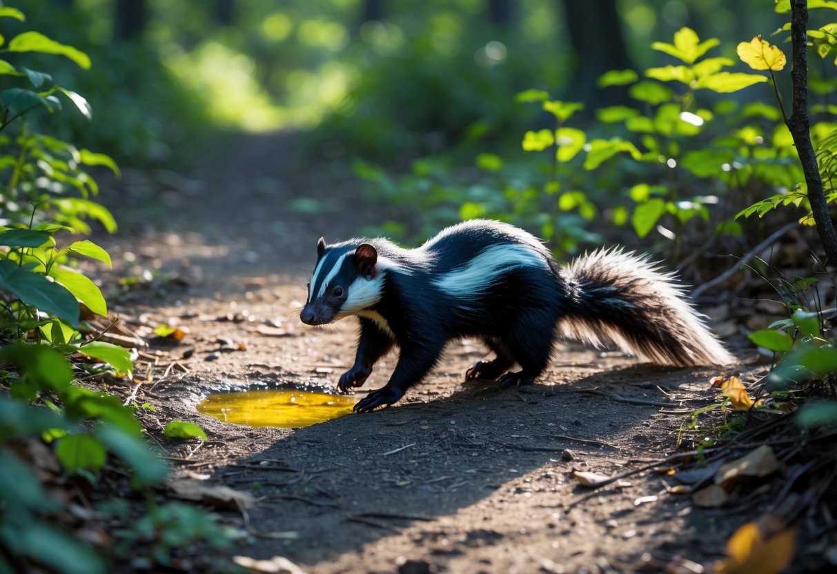 A skunk walking on a forest path near a small puddle of yellow liquid surrounded by green plants and leaves.