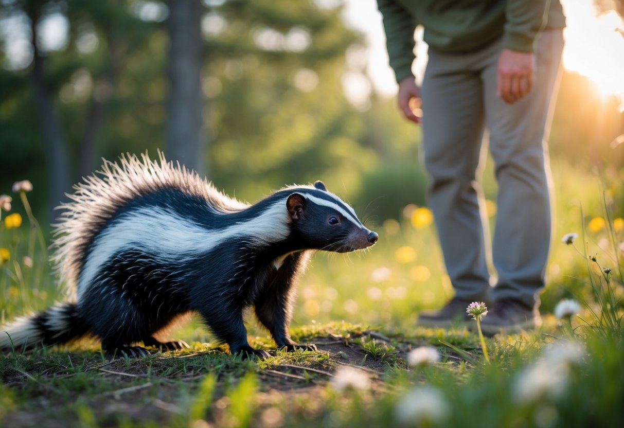 A skunk and a person standing a few feet apart outdoors with the person looking surprised but calm.