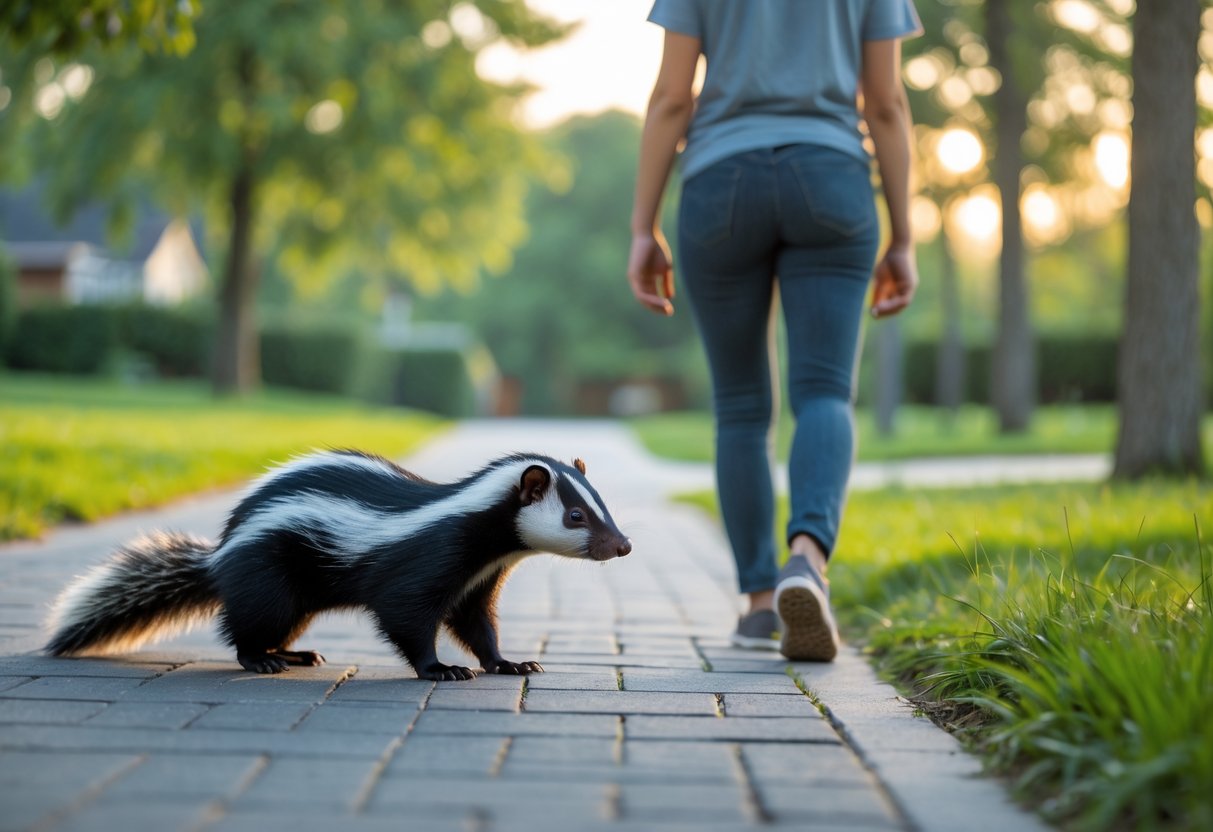 A person walking calmly on a path near a skunk in a park, maintaining a safe distance.