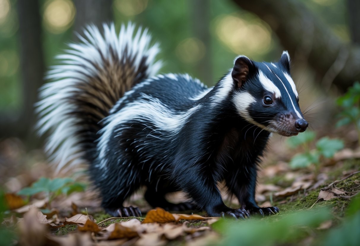 A skunk with a raised tail in a forest setting surrounded by green plants and fallen leaves.