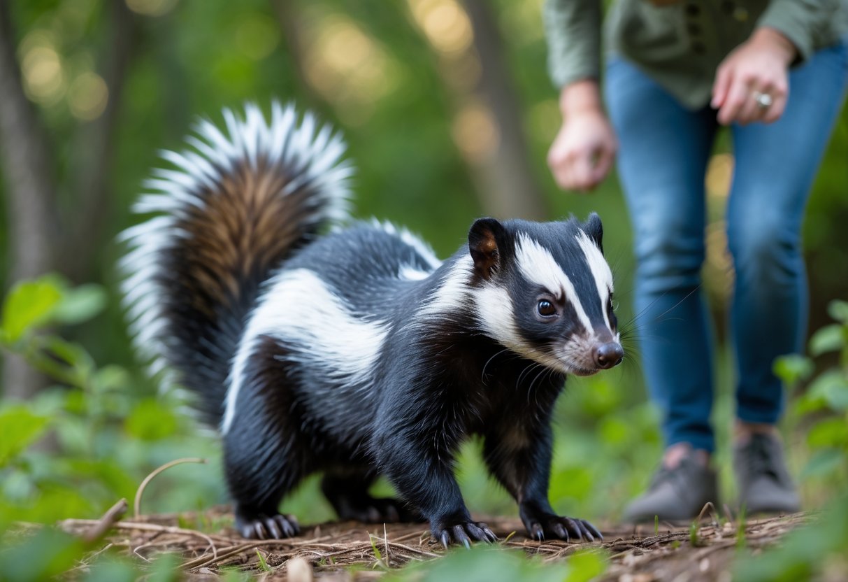 A skunk with its tail raised in a defensive posture while a nearby person steps back looking surprised and concerned in an outdoor setting.