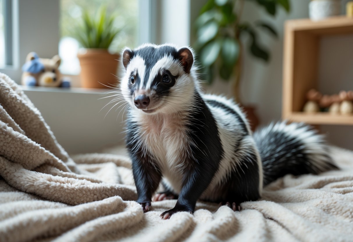 A calm pet skunk sitting on a soft blanket in a cozy indoor setting with natural light.