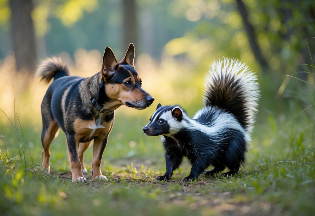 A dog cautiously approaching a skunk in a grassy outdoor area.