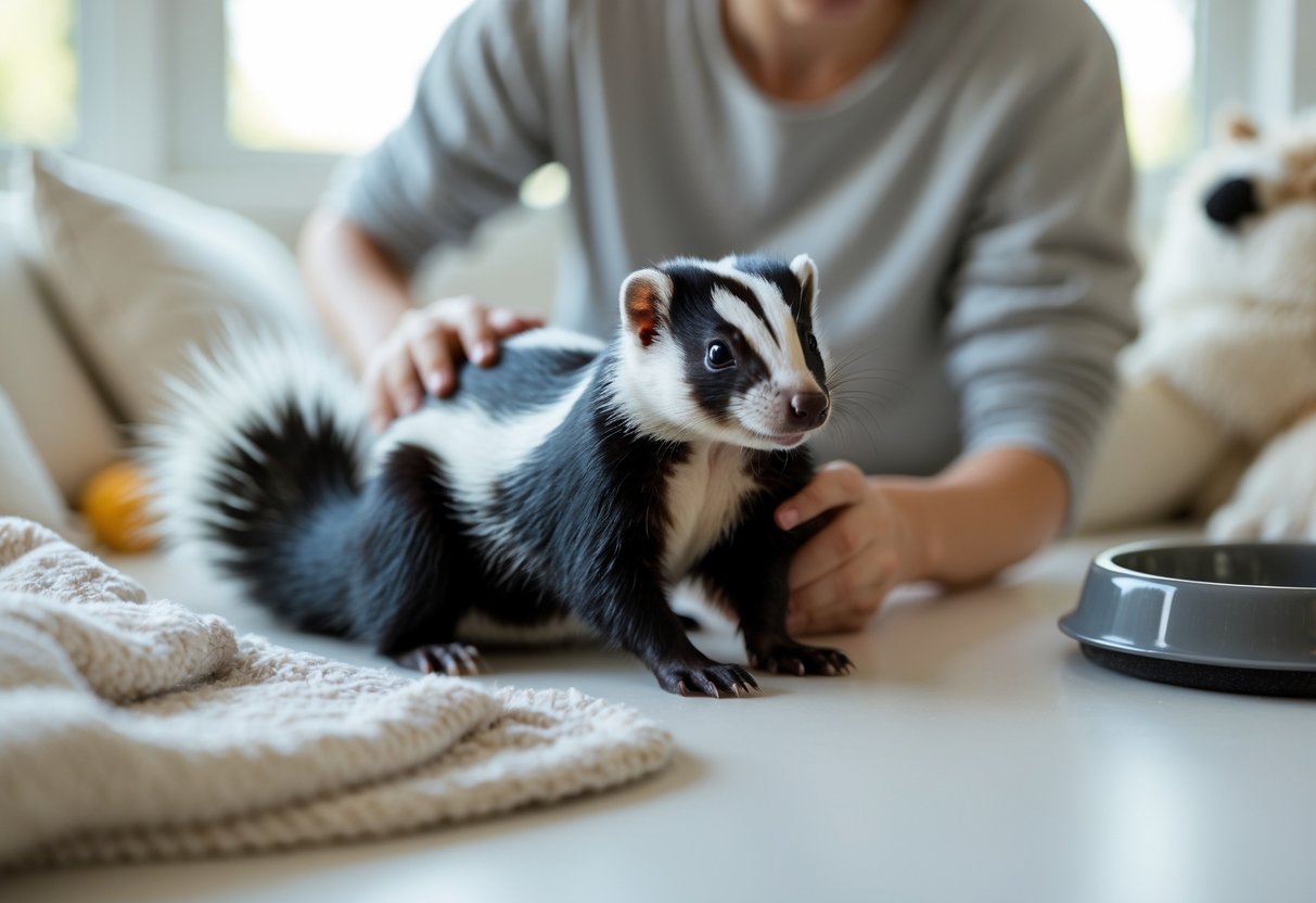 A person gently holding a calm pet skunk indoors with pet care items visible in the background.