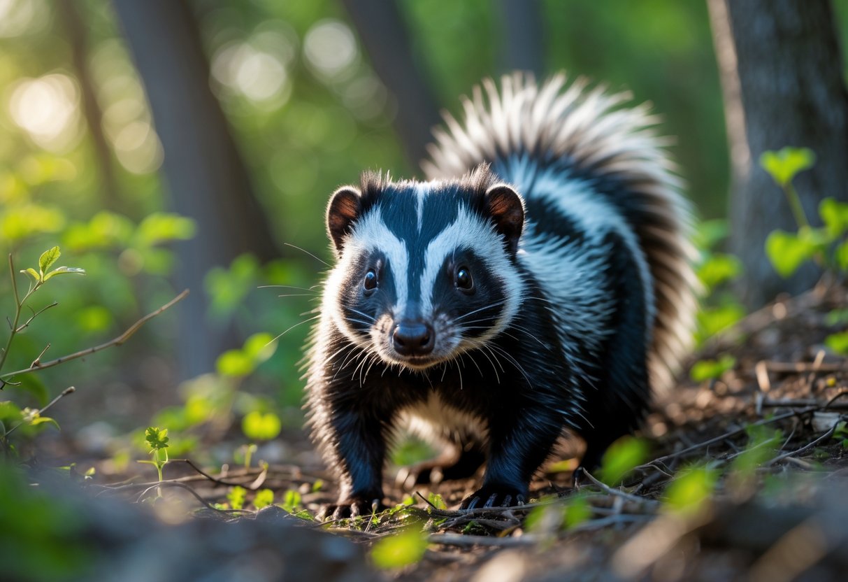 A close-up of a skunk standing in a forest, looking alert with black and white fur visible.
