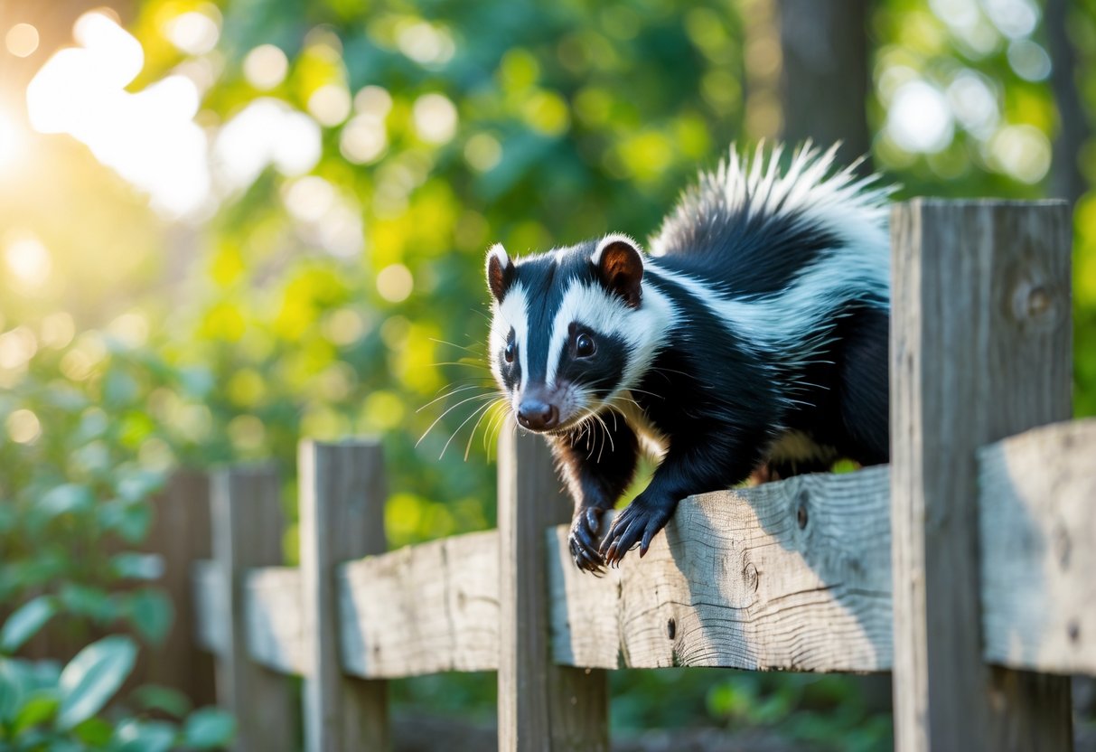 A skunk climbing a wooden fence outdoors with green foliage in the background.