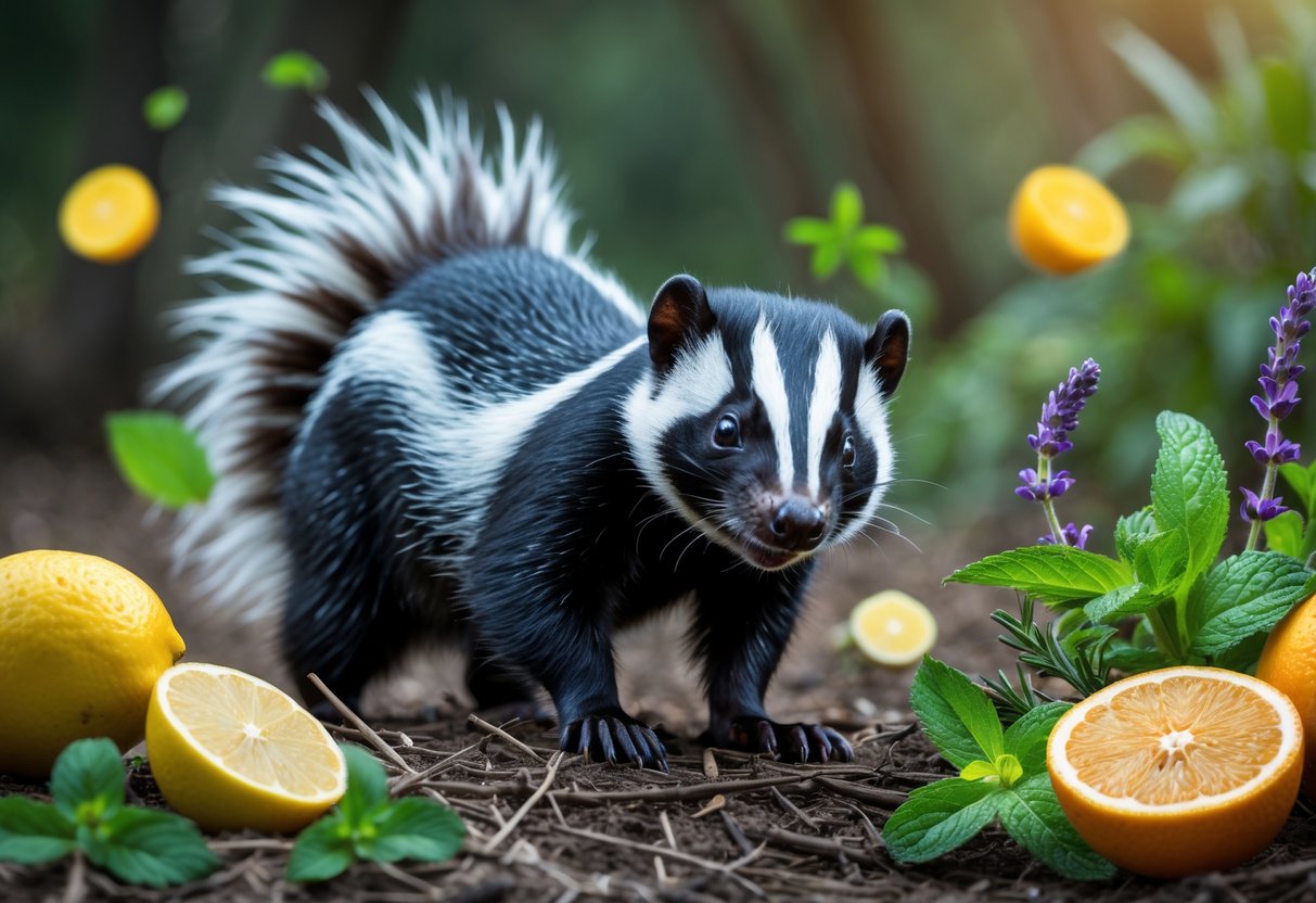 A skunk in a natural outdoor setting recoiling near citrus fruits and herbs like mint and lavender.