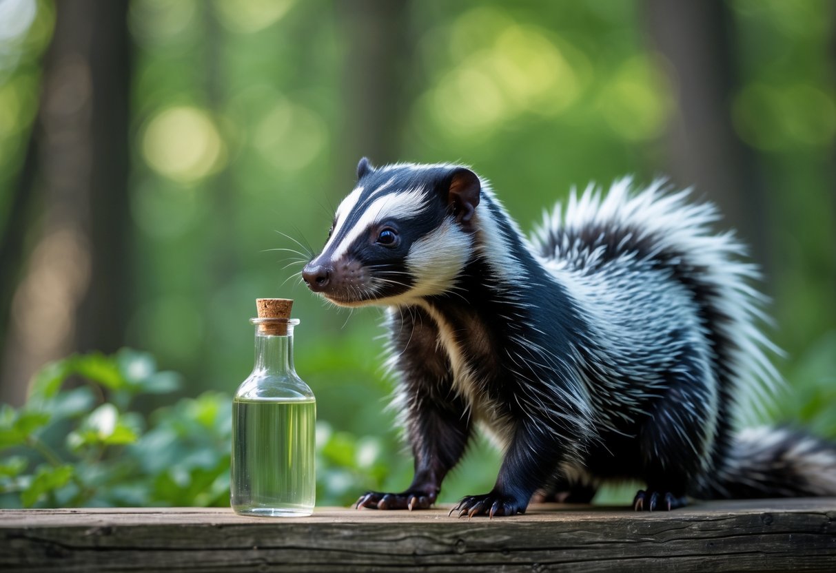 A skunk sniffing near a small glass bottle of vinegar outdoors with a green forest background.