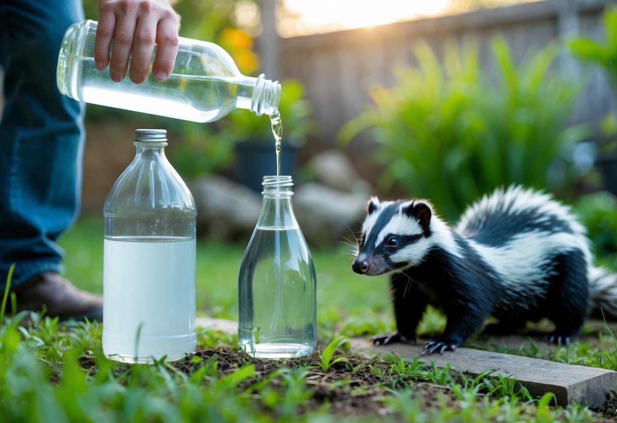 A person pouring vinegar into a spray bottle outdoors with a skunk nearby in a garden setting.