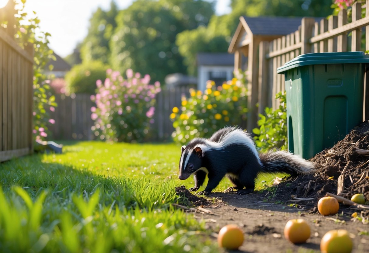 A skunk sniffing near a compost pile in a suburban backyard with green grass, flowers, and a wooden fence.