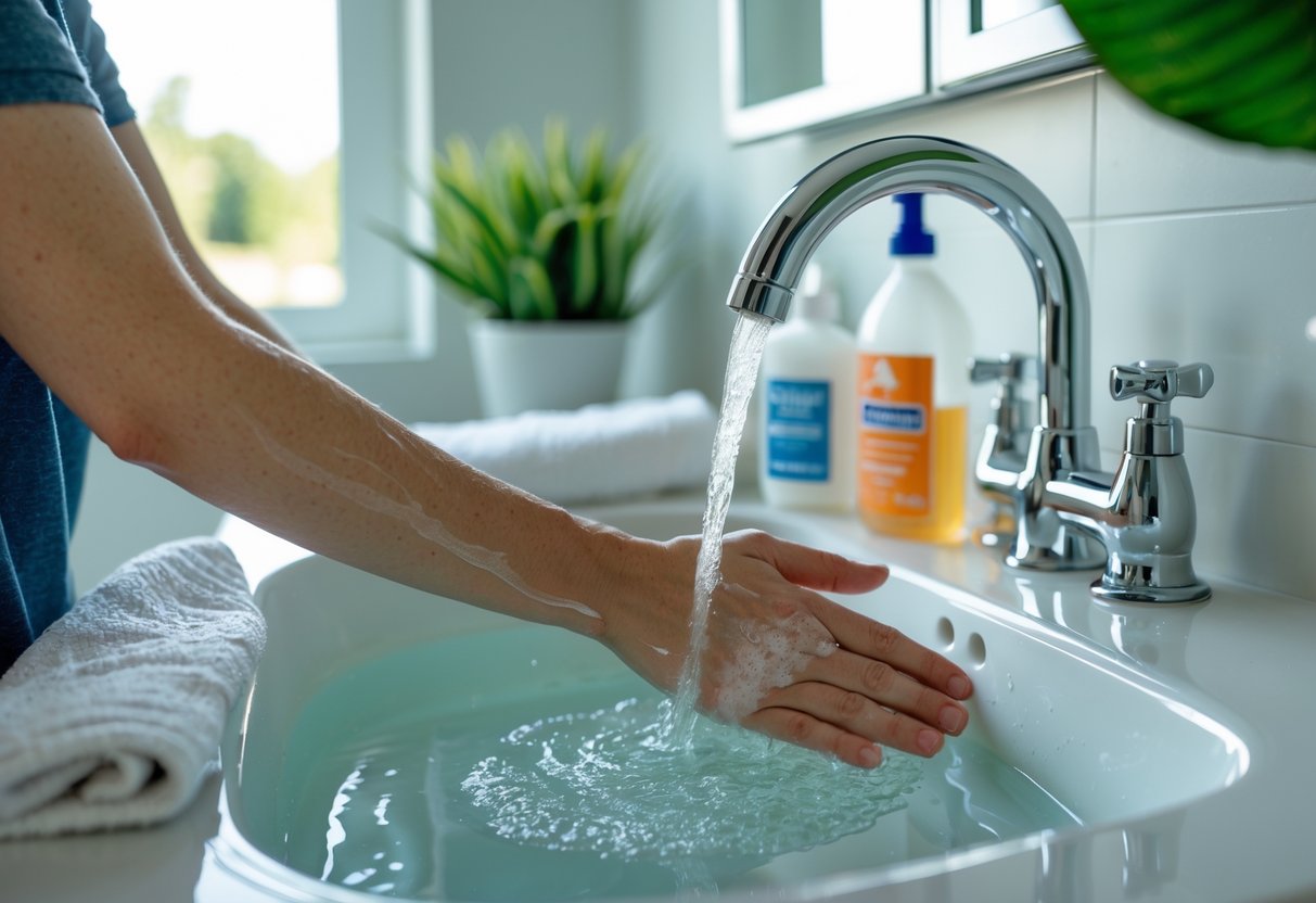 A person washing their forearm under running water in a bathroom with first aid supplies nearby.