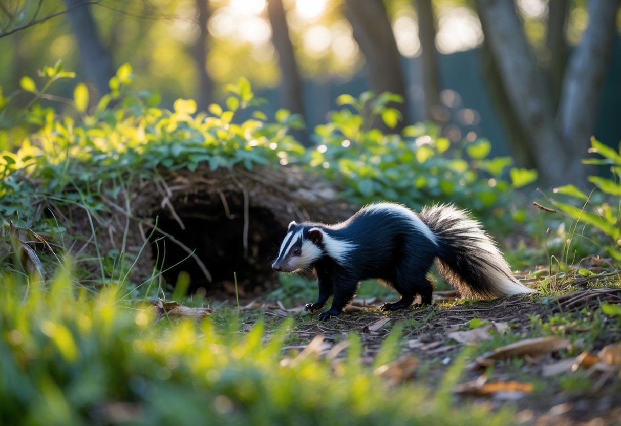 A skunk walking away from its burrow in a grassy, wooded area during daytime.