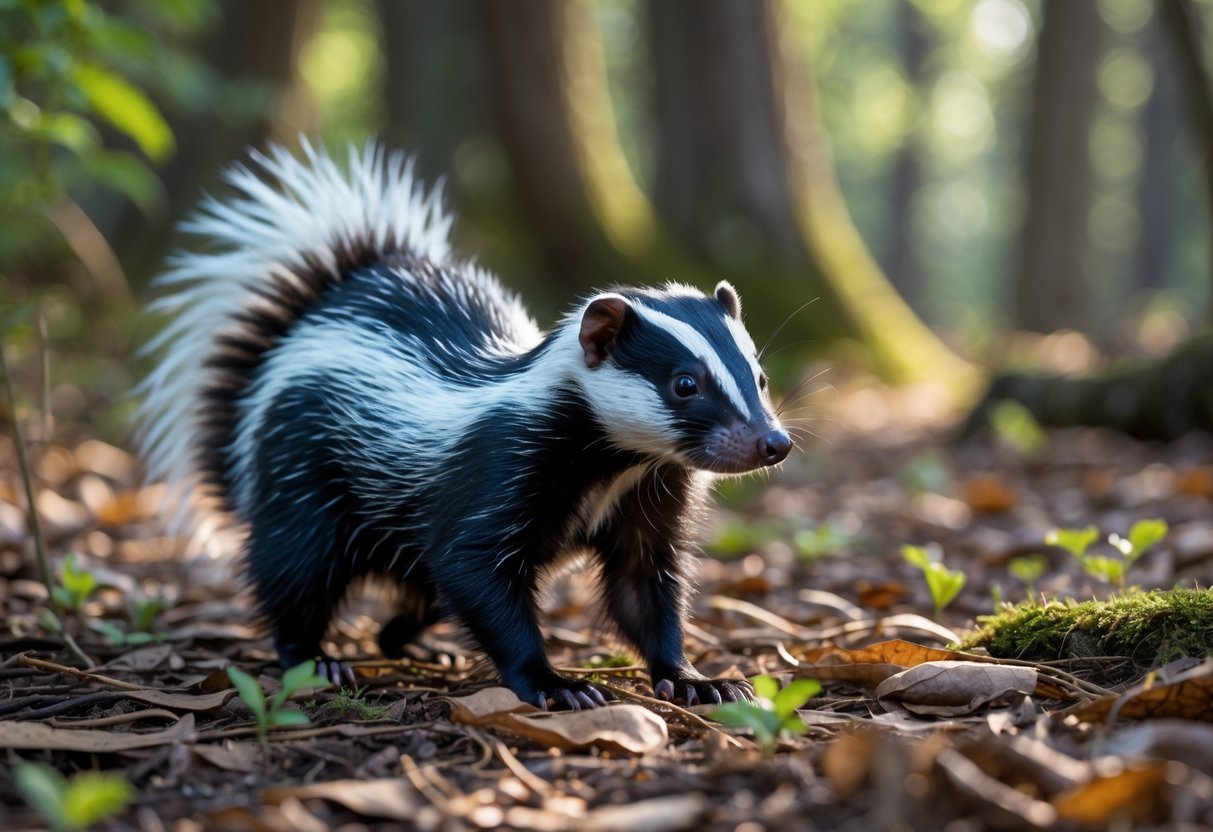 A skunk standing on a forest floor with leaves and plants, looking to the side in a natural woodland setting.