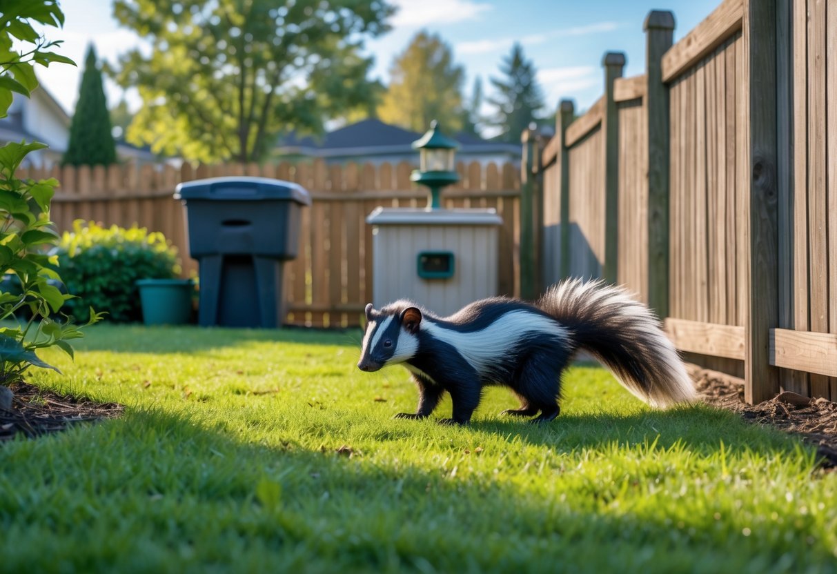 A skunk cautiously exploring a suburban backyard near a wooden fence and green plants.