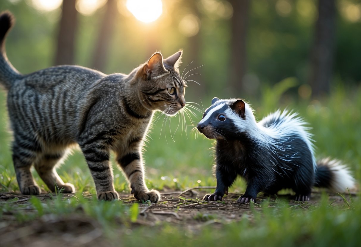 A cat cautiously approaches a skunk outdoors on grass with trees in the background.
