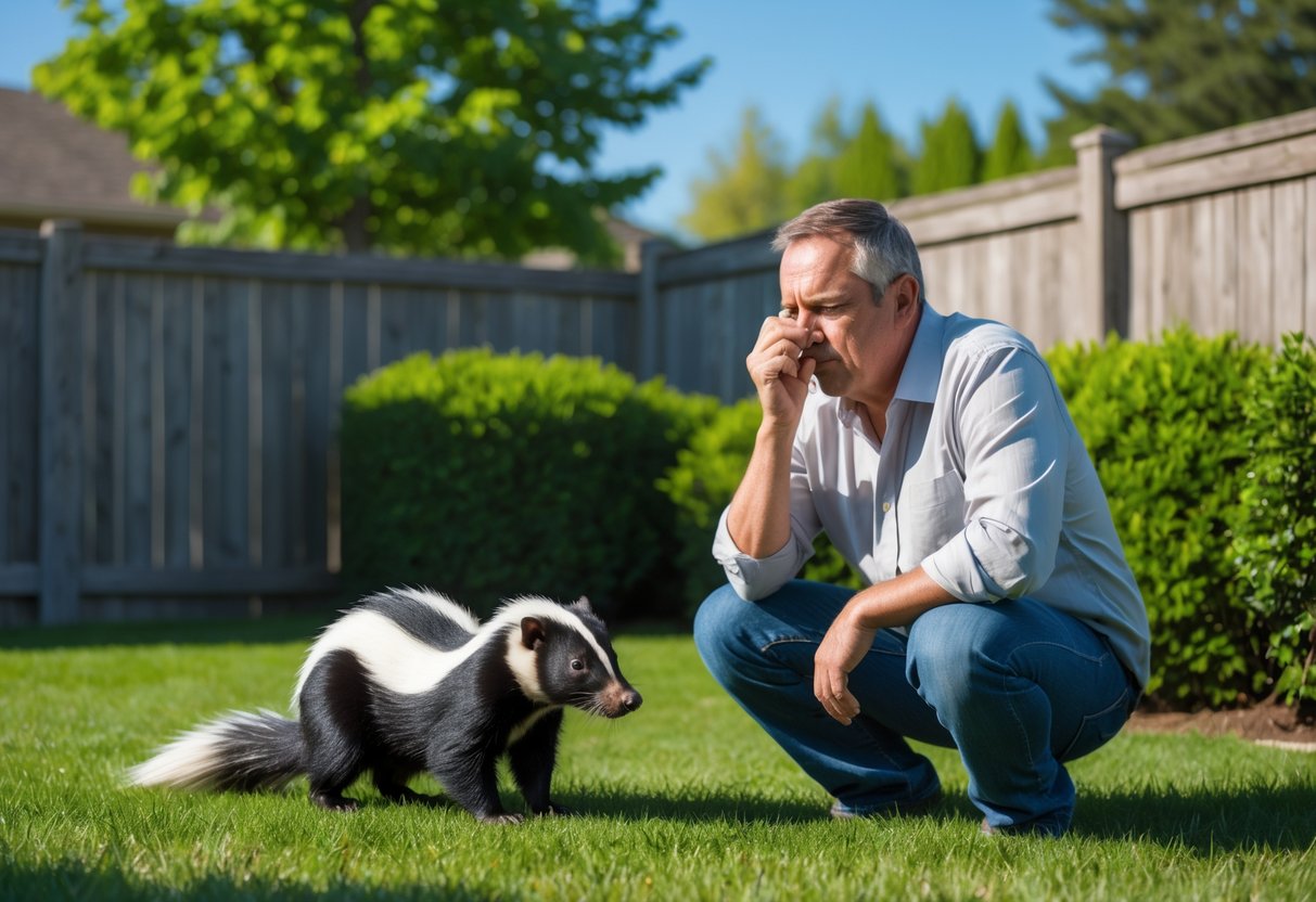 A man outdoors holding his nose while looking at a skunk near bushes in a backyard.