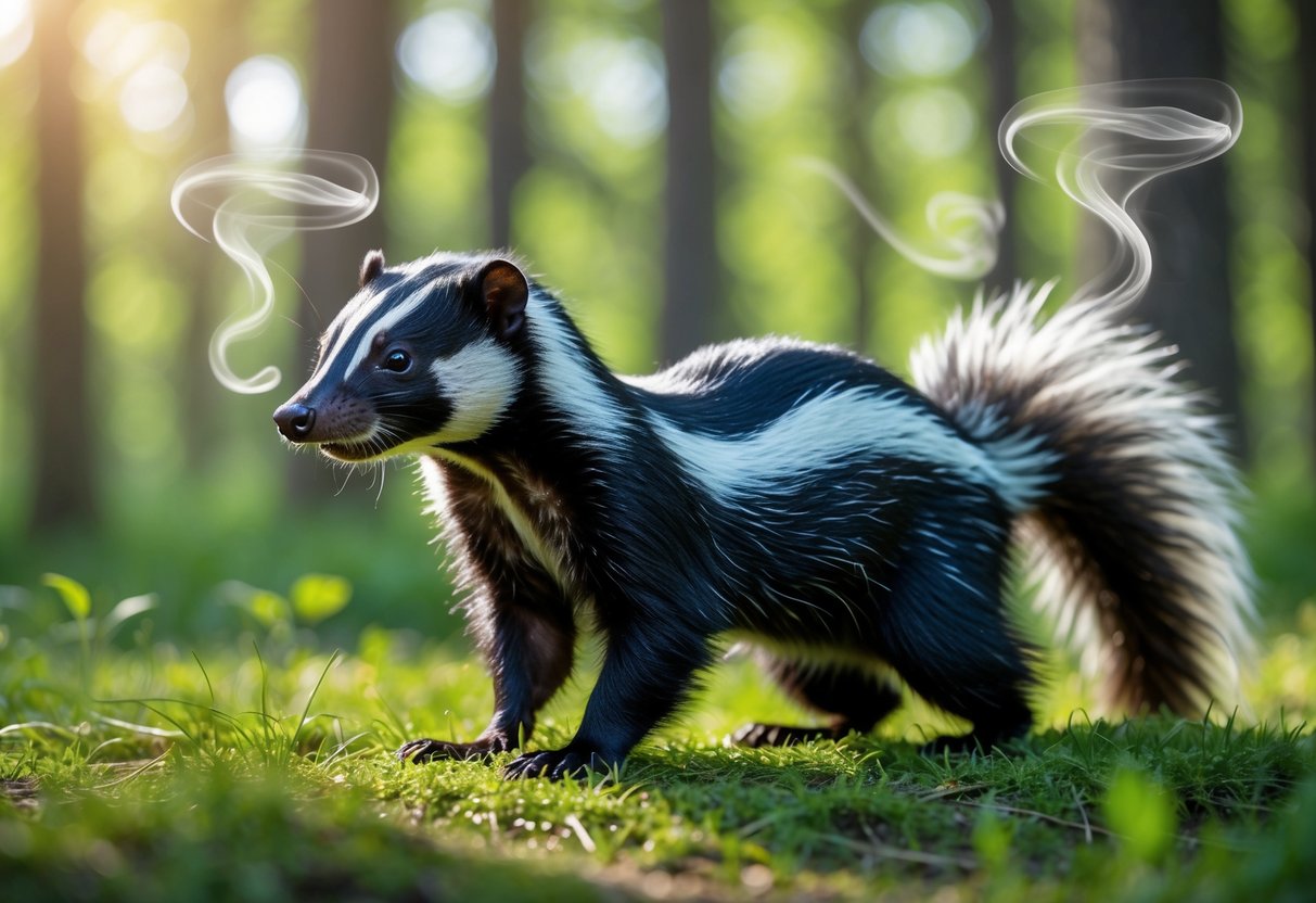 A skunk standing on grass in a forest with faint scent trails rising into the air.