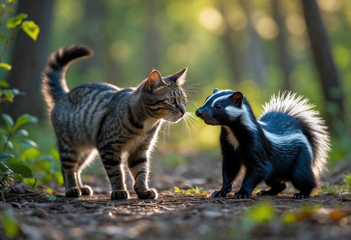 A cat cautiously approaches a skunk in a forest clearing during the day.