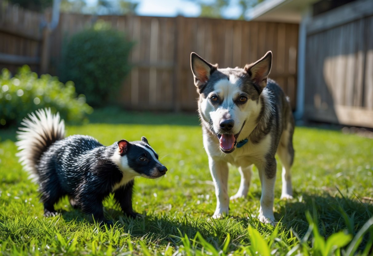 A dog looking distressed standing near a skunk in a sunny backyard with grass and bushes.