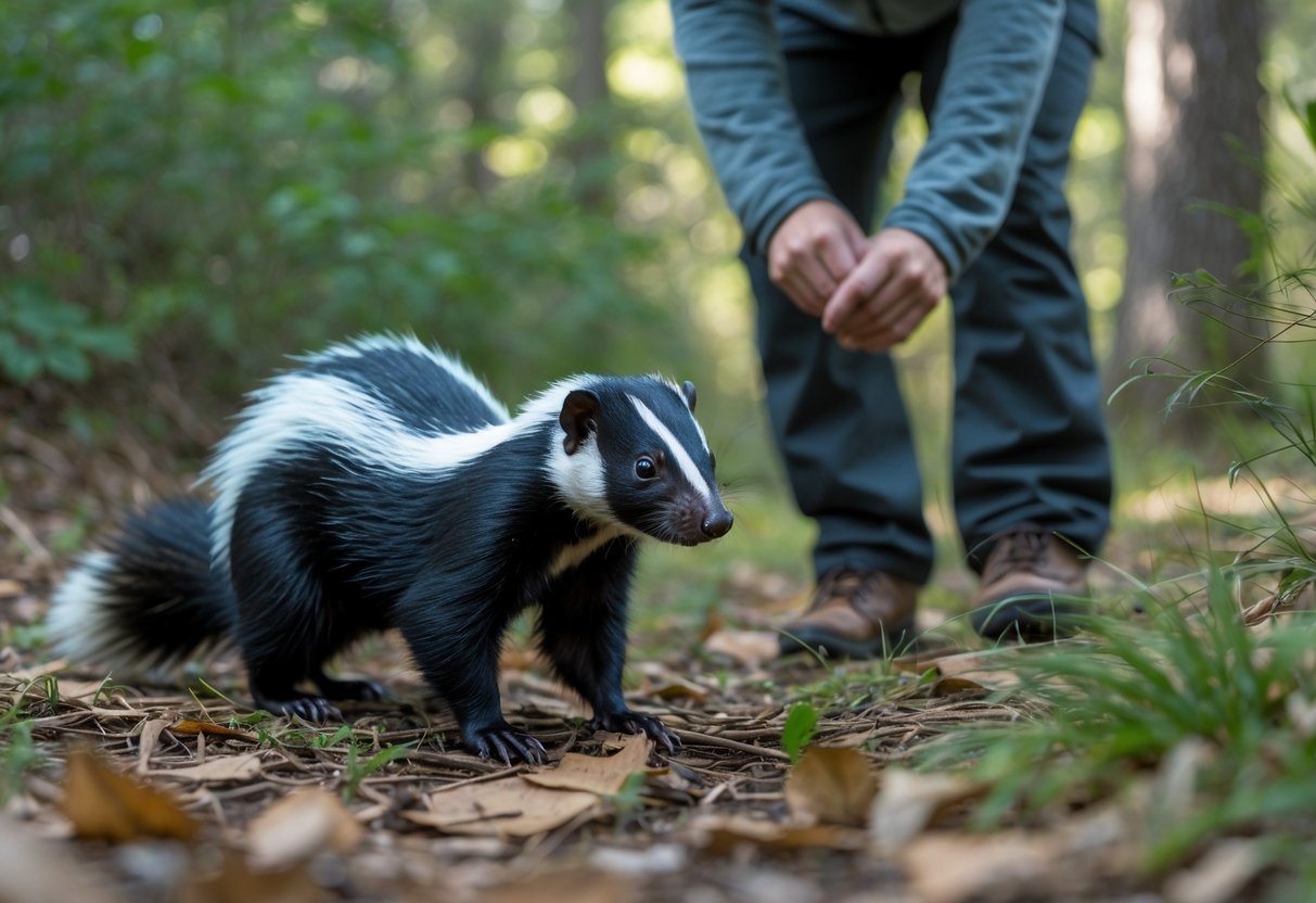 A person outdoors holding their nose near a skunk walking on a forest floor.
