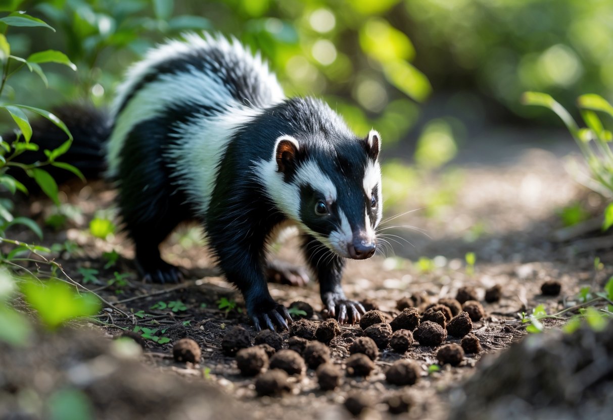 A skunk standing near small dark droppings on the ground in a natural outdoor setting.