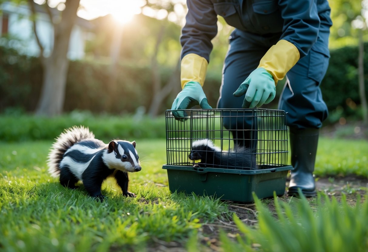 Person wearing gloves gently releasing a skunk from a humane trap in a backyard.