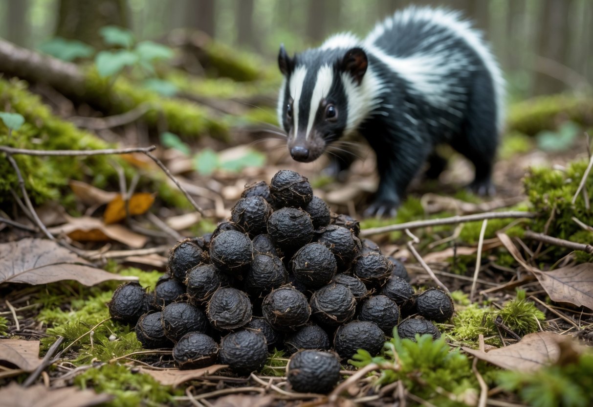 Close-up of skunk feces on a forest floor with a skunk nearby in a natural outdoor setting.