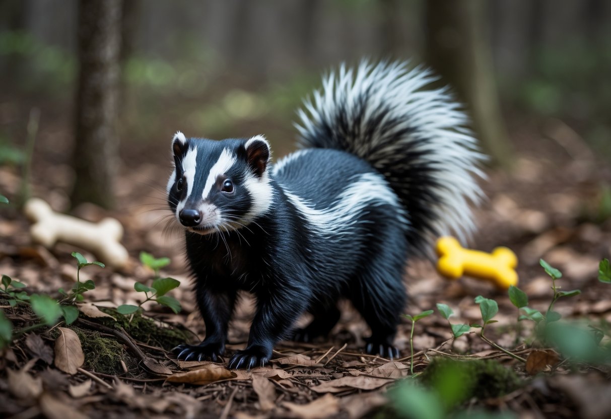 A skunk standing on a forest floor with leaves and plants, surrounded by subtle objects related to cats and dogs.