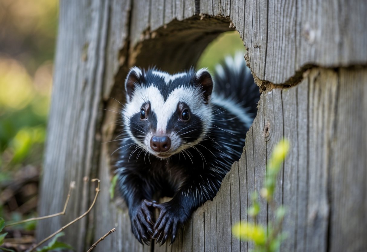 A skunk squeezing through a small hole in a wooden fence outdoors.