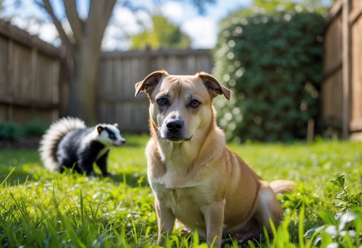 A dog sitting in a backyard looking uncomfortable with a skunk nearby behind a bush.
