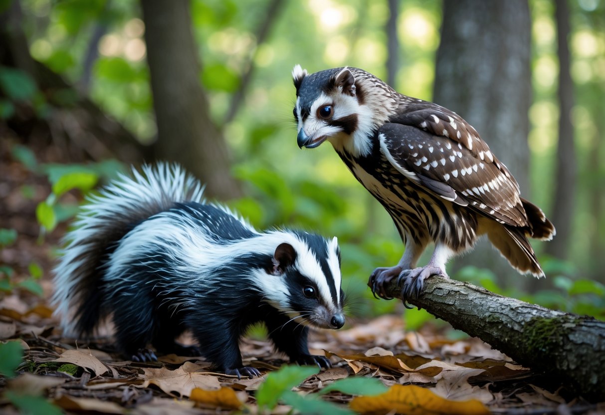 A great horned owl perched on a branch near a skunk on the forest floor surrounded by green foliage.