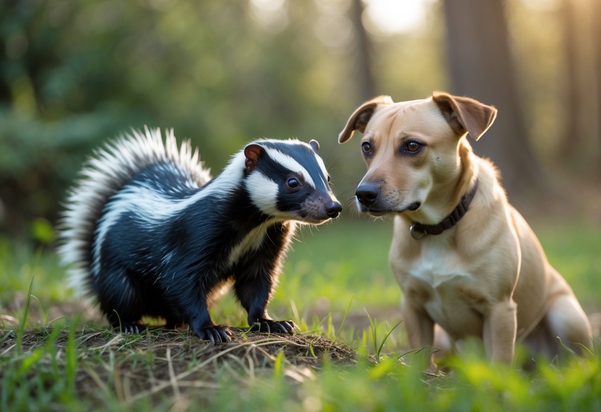 A skunk and a dog calmly observing each other outdoors on grass with a natural background.