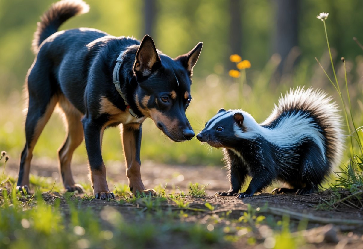 A dog cautiously approaches a skunk standing on grass in a natural outdoor setting.