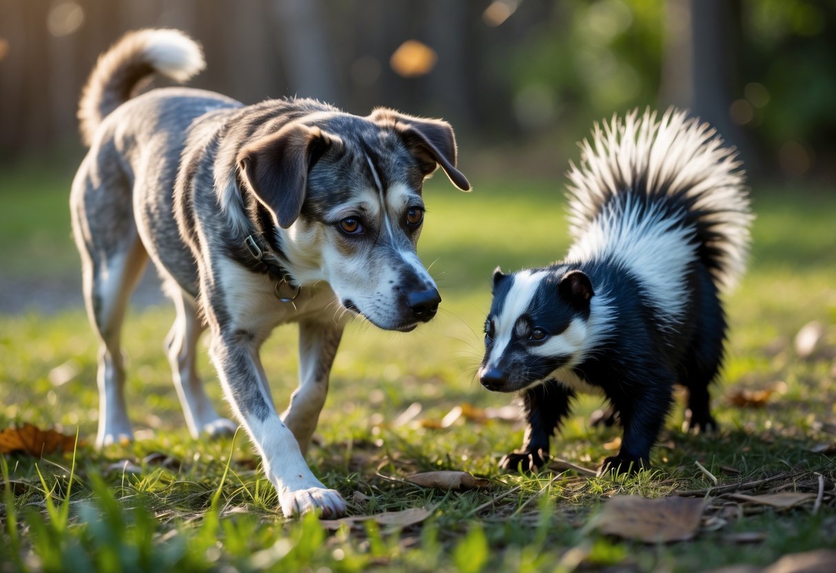 A dog cautiously approaches a skunk in a grassy outdoor area with trees in the background.