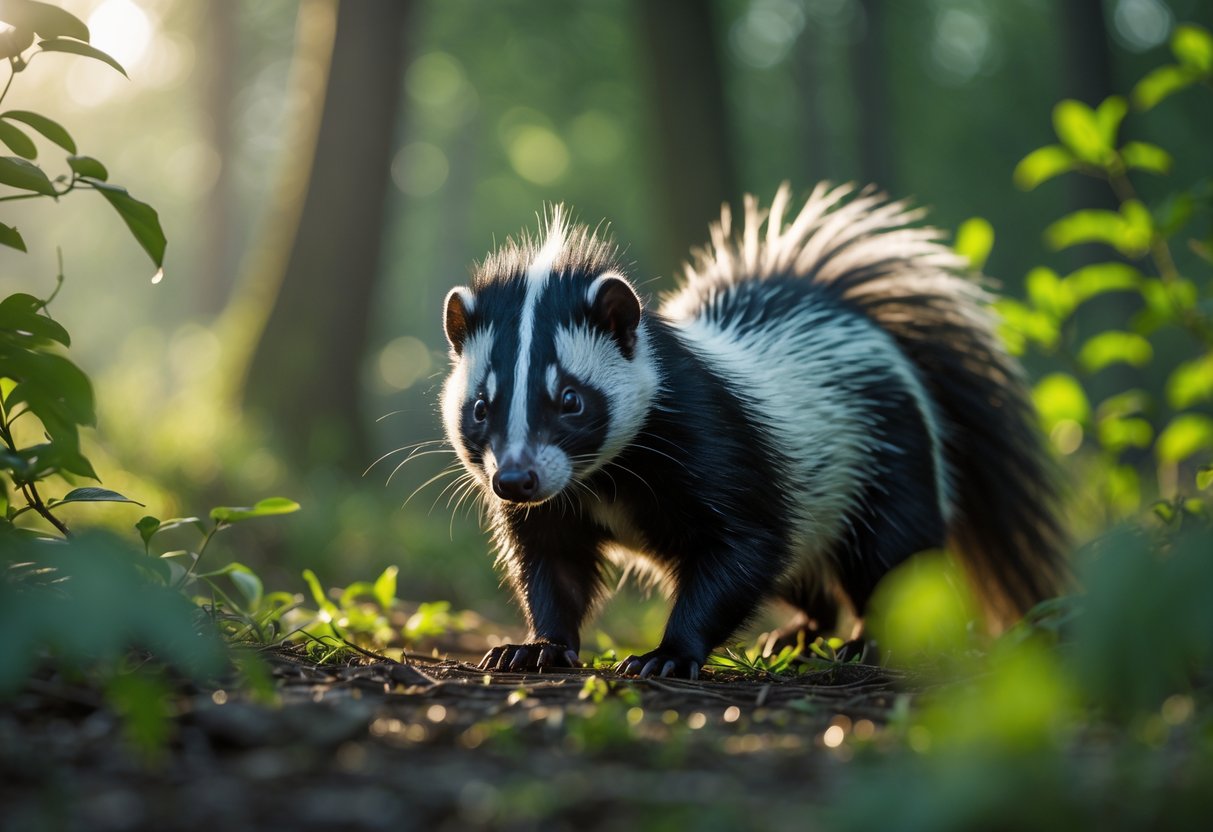 A close-up of a skunk in a green forest setting, standing alert among foliage.