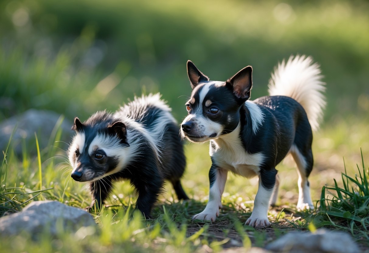 A small dog cautiously sniffing near a skunk outdoors on grass.