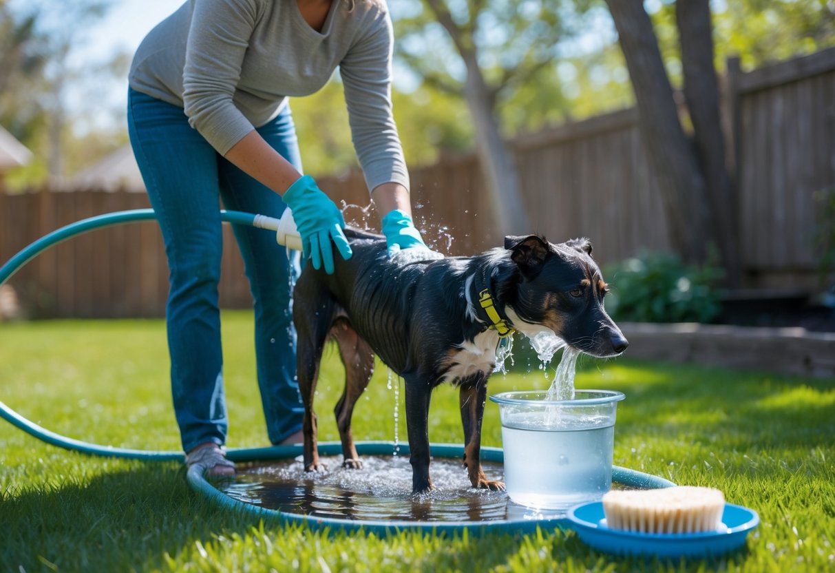 A person gently washing a dog outdoors in a backyard, caring for it after it was sprayed by a skunk.