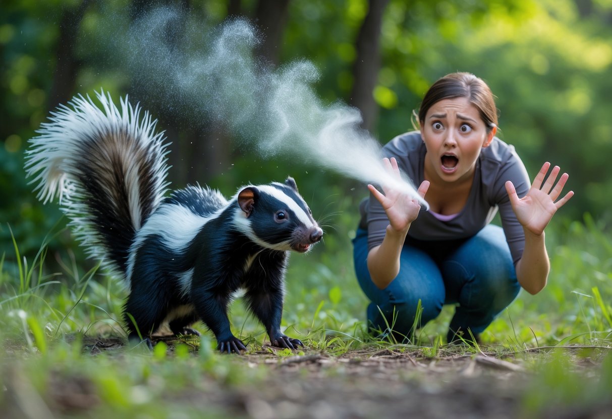 A person outdoors recoiling as a skunk sprays a mist toward them.
