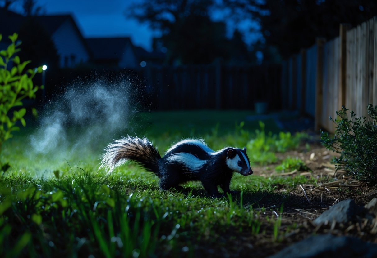 A skunk spraying in a dimly lit backyard at night with grass and trees surrounding it.