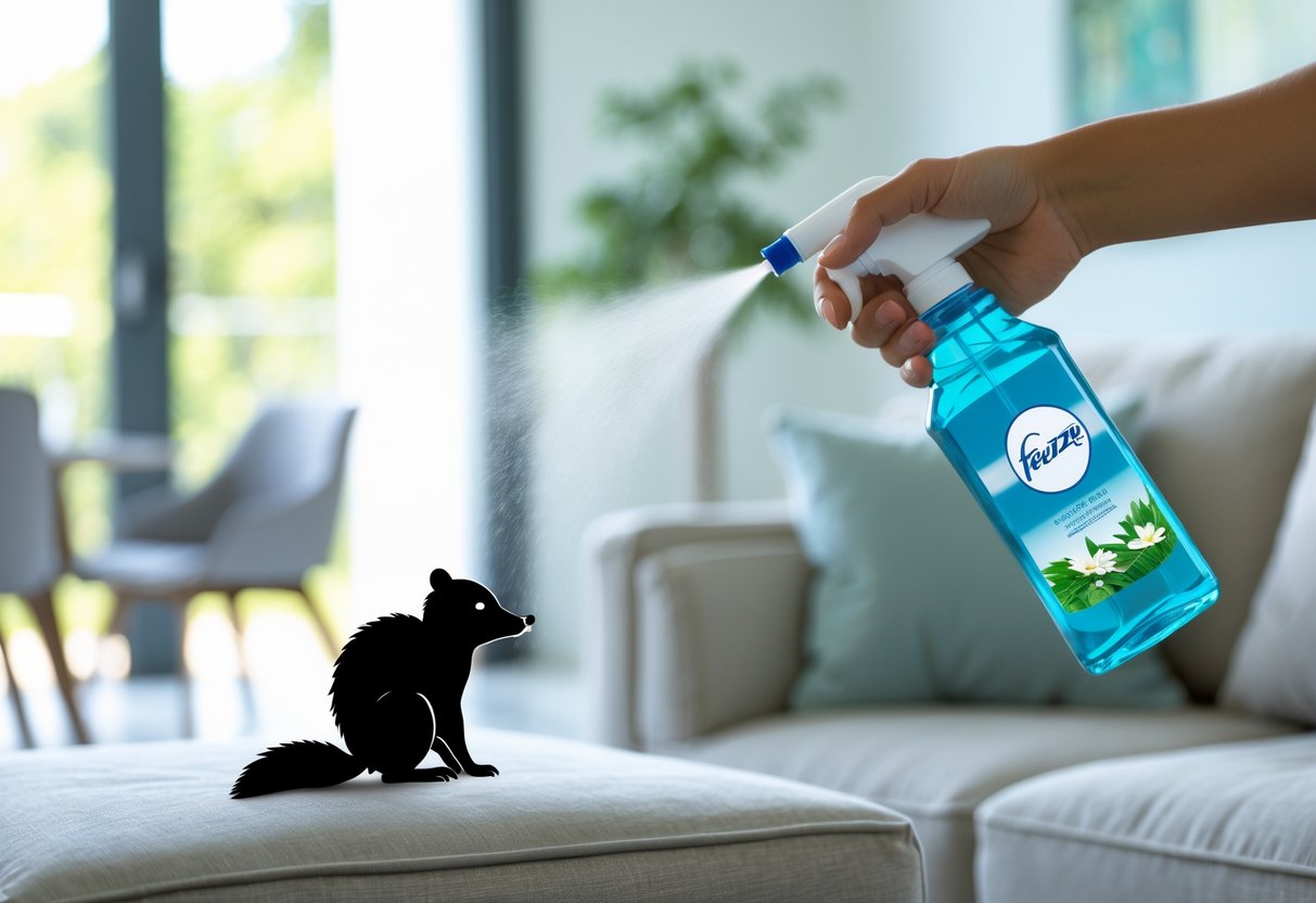 Person spraying air freshener in a bright living room with a skunk illustration on a couch cushion.