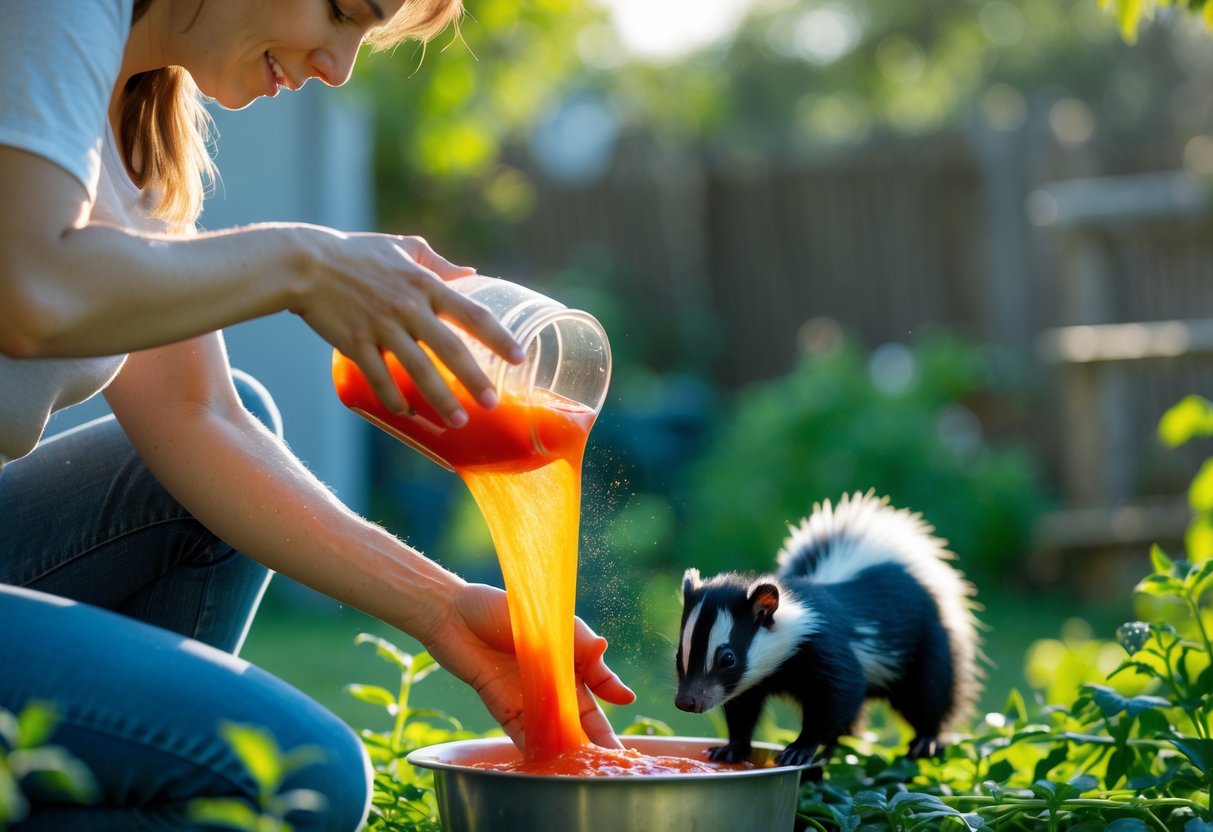 A person outdoors pouring tomato juice over their arms after a skunk encounter, with a small skunk visible nearby.