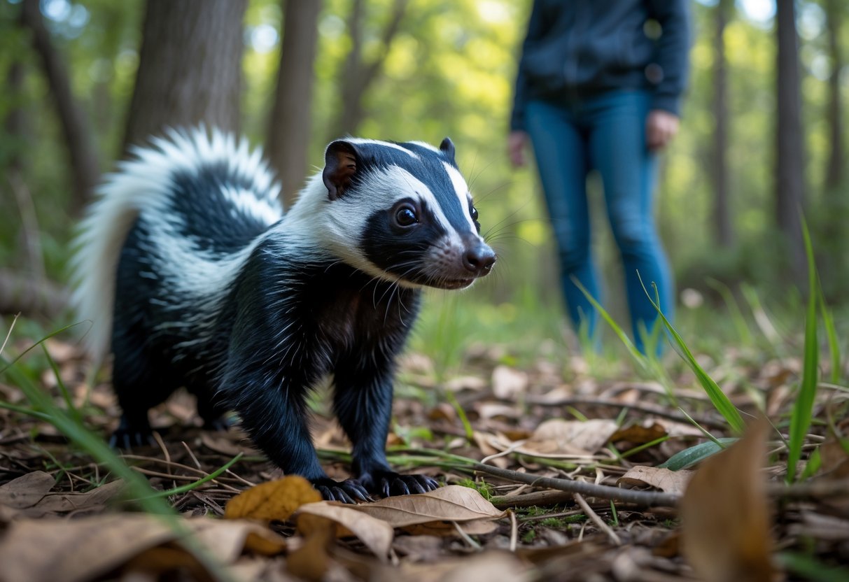 A skunk standing on the forest floor with a person watching it calmly from a distance.