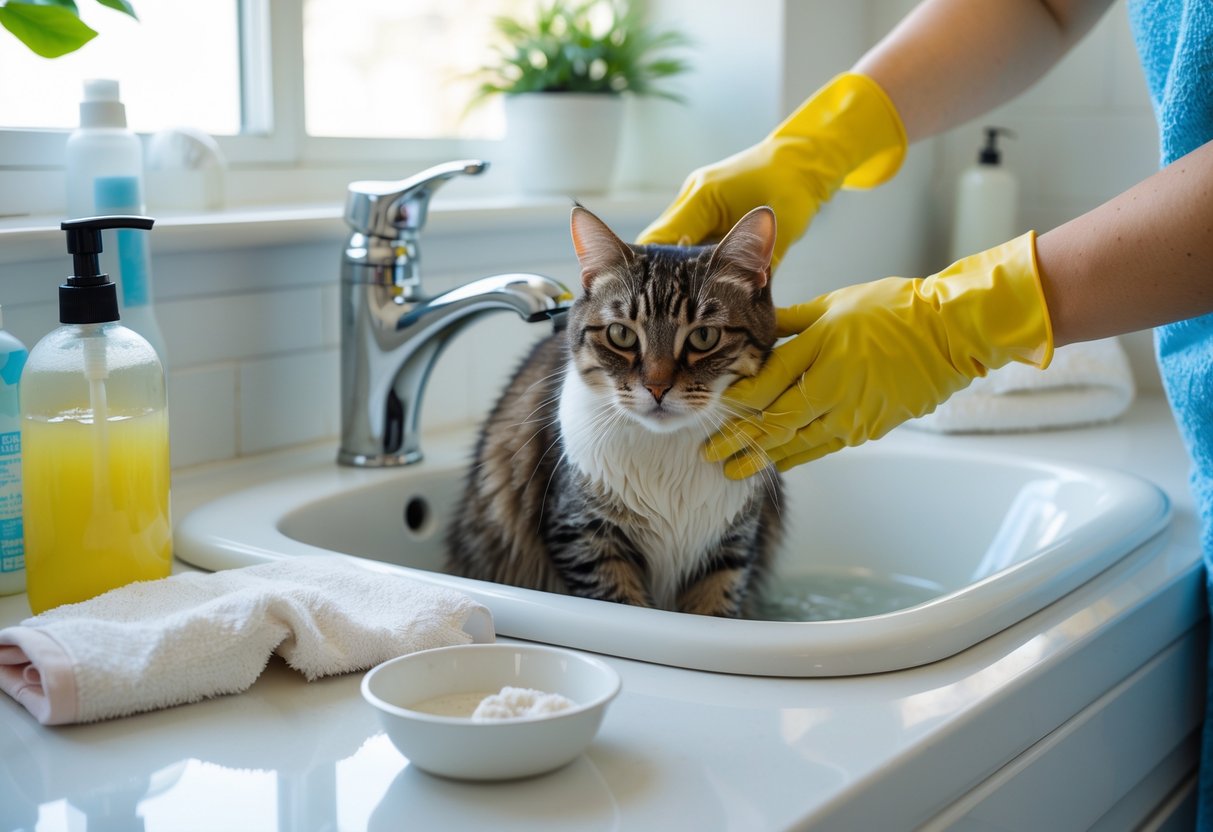 A person gently washing a calm cat in a bathroom sink with cleaning supplies nearby.