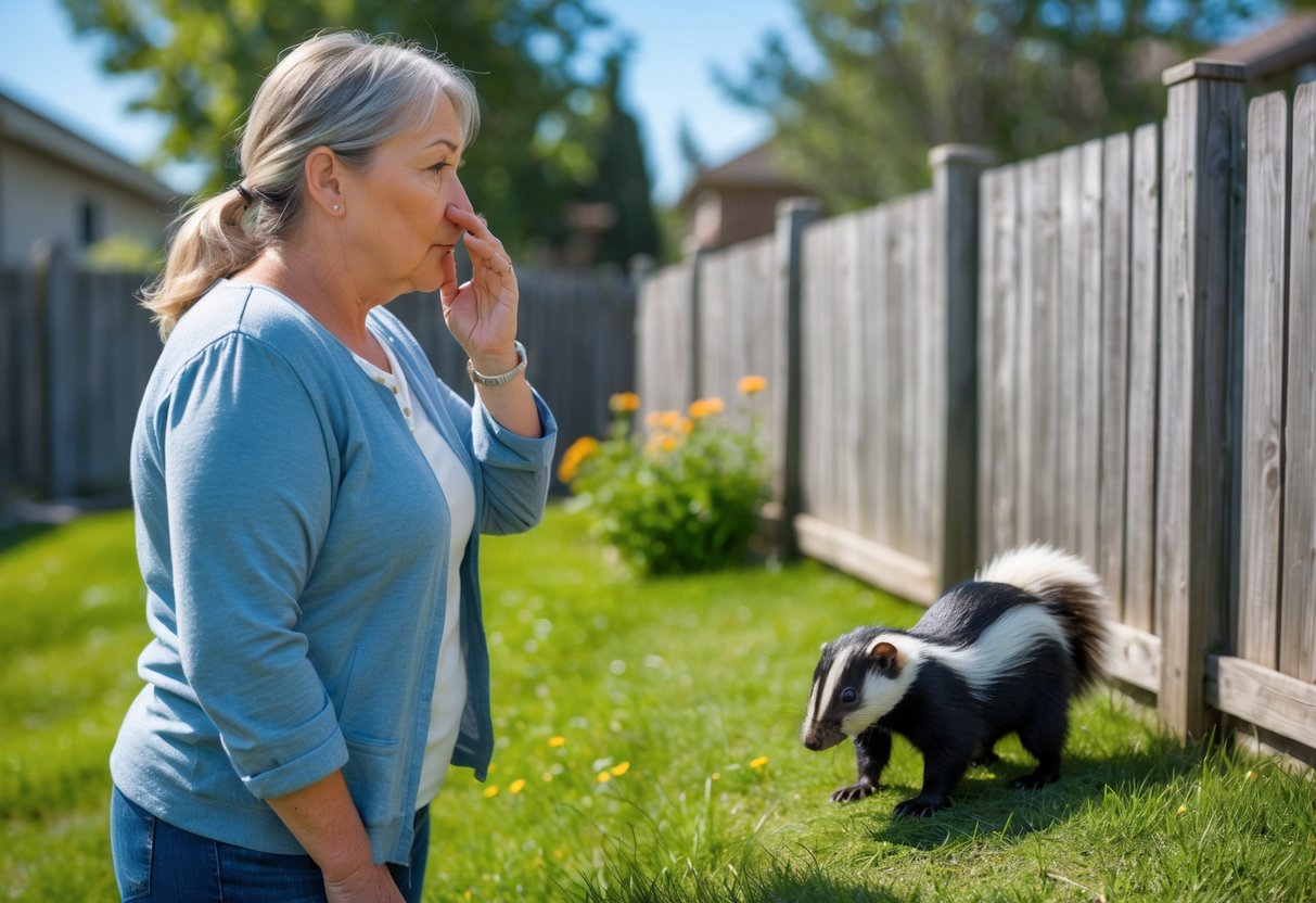 A woman outdoors holding her nose while looking at a skunk walking on grass near a wooden fence.