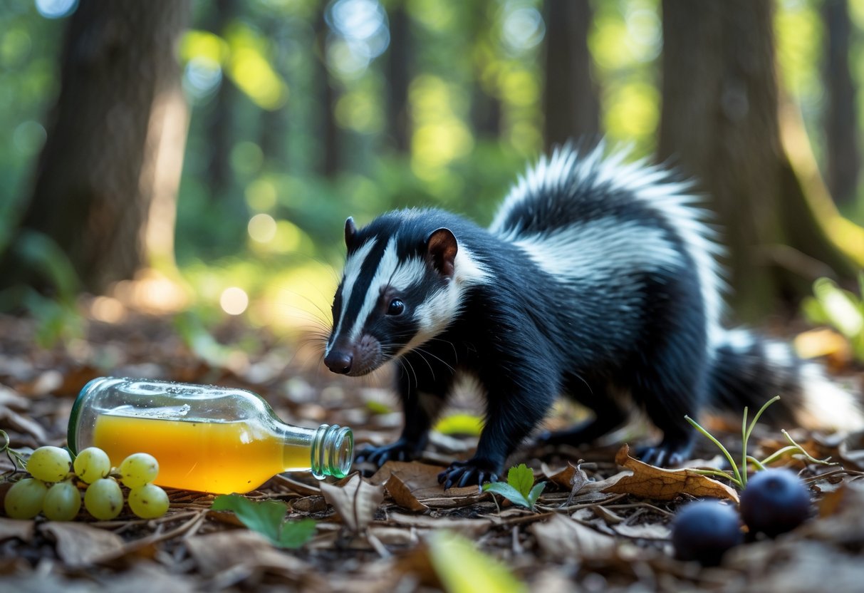 A skunk sniffing near a spilled bottle of fruit juice on a forest floor with leaves and grapes.