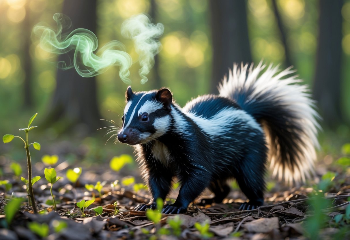 A skunk standing on a forest floor with faint greenish-yellow vapor rising around it, surrounded by trees and leaves.