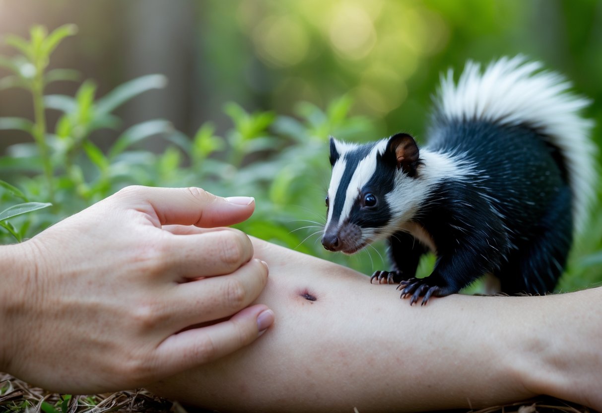 A person holding their forearm with a small bite mark while a skunk sniffs nearby in an outdoor setting.