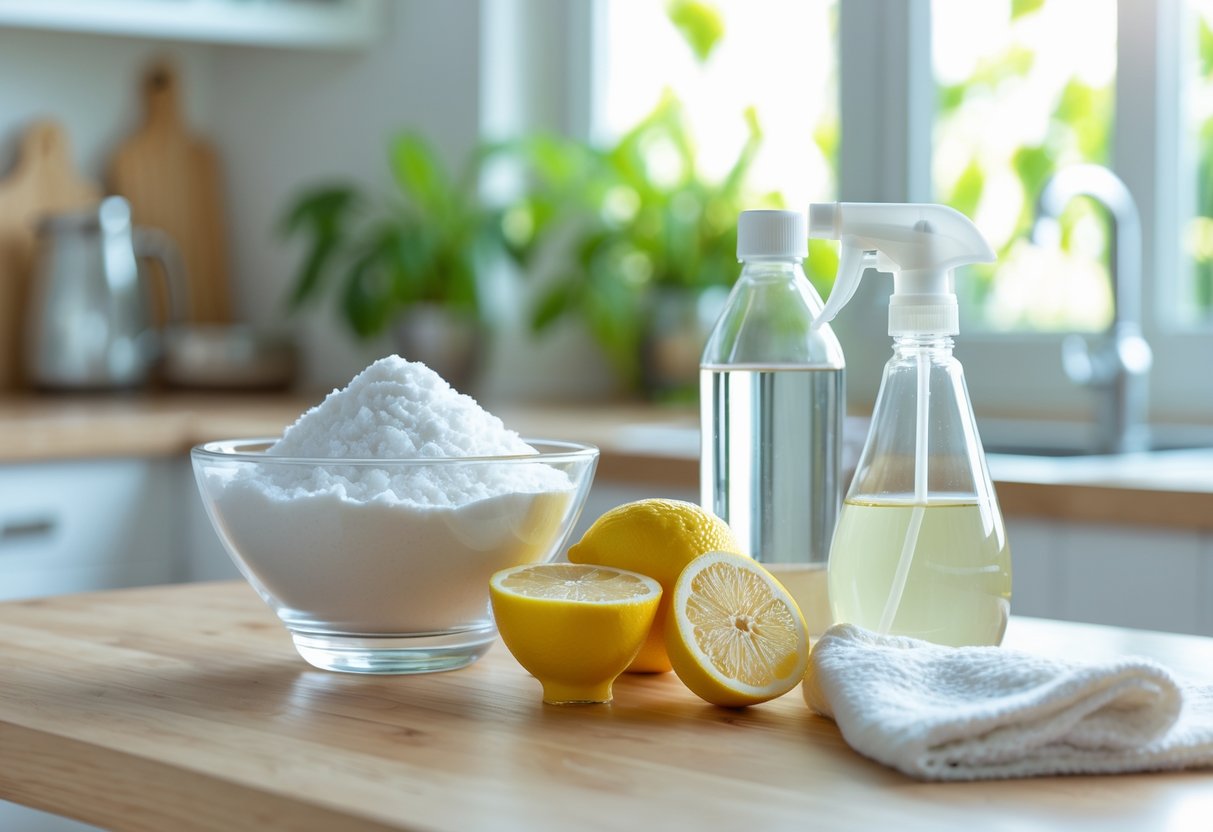 A kitchen countertop with baking soda, white vinegar, a lemon half, a cloth, and a spray bottle arranged neatly.