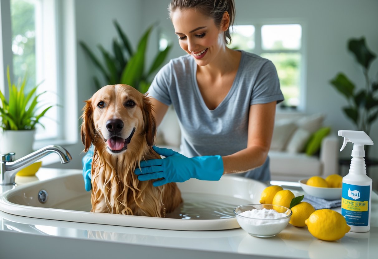 A person bathing a dog in a bathroom with natural cleaning supplies nearby, in a bright and clean home environment.